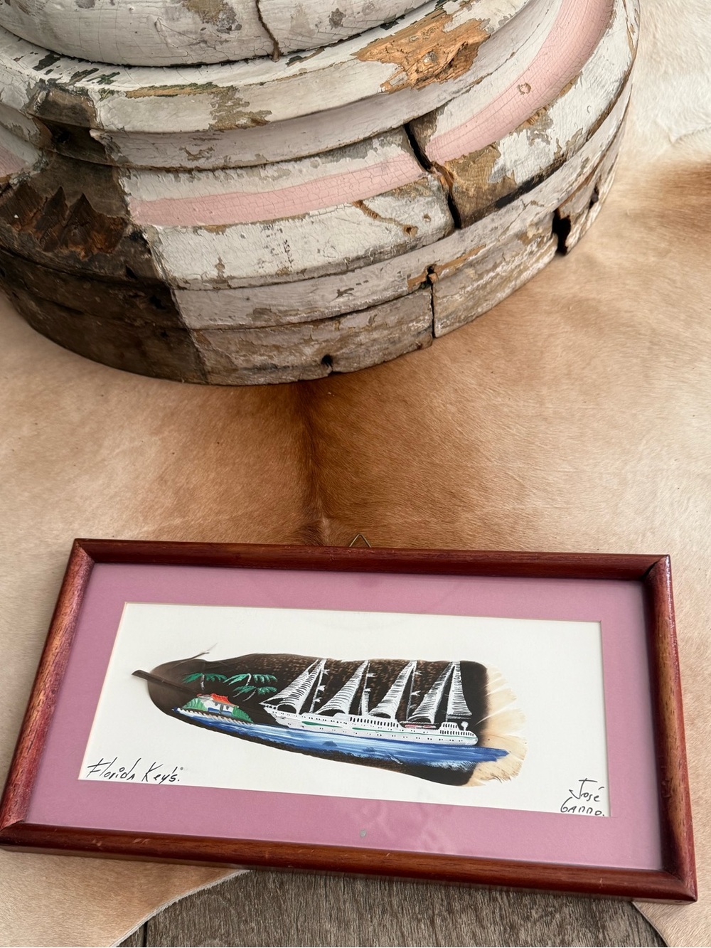 Artisan Hand-Painted Feather Art Sailboat Scene in Pink Mat and Brown Wood Frame